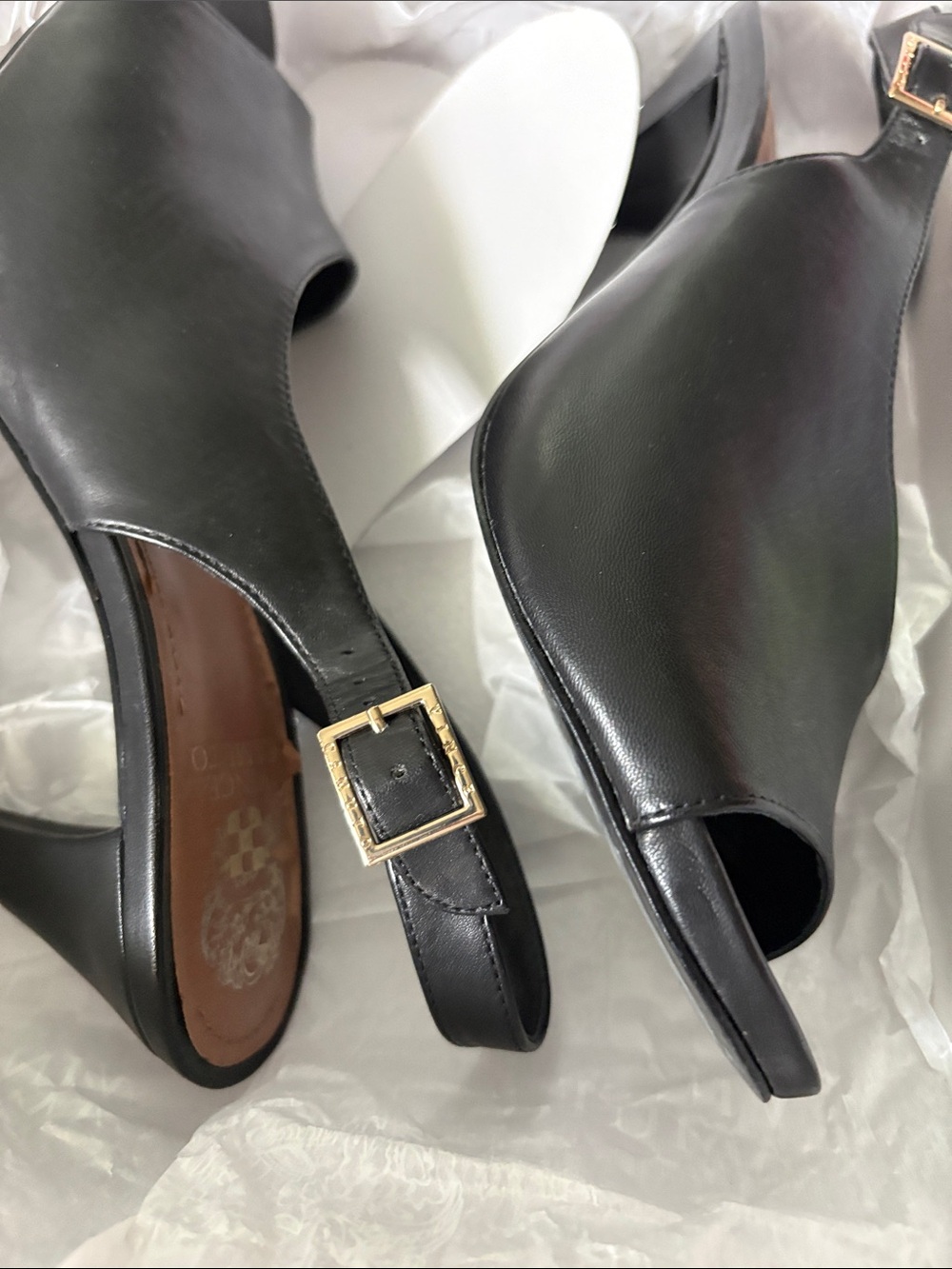 Vince Camuto Black Leather Open-Toe Slingback Heels with Gold Buckle